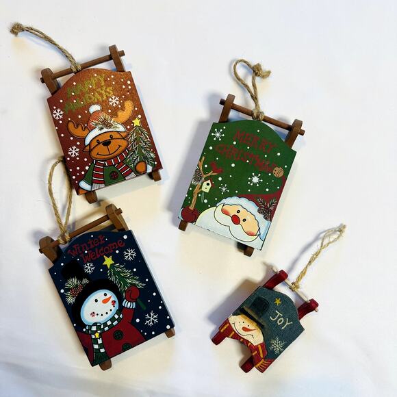 Primitive Farmhouse Christmas Bundle Of 4 Wooden Sled Tree Ornaments - Picture 2 of 7